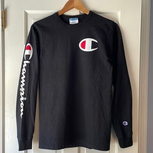 CHAMPION Long Sleeve Crew Neck T-Shirt Men’s Small - Black with Logo Lettering